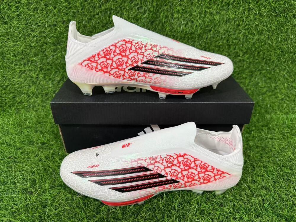 Adidas F50+ Elite Lightstrike Pro Laceless FG Football Boots - White/Scarlet Glow/Black Burst