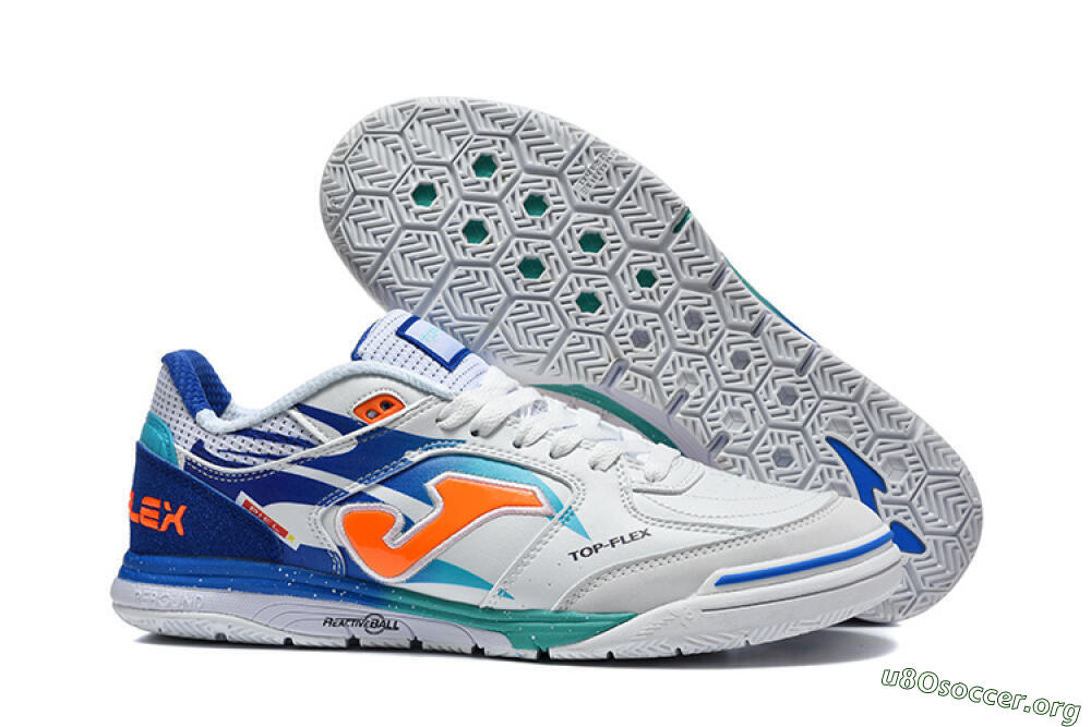 Joma Top Flex IC Football Shoes - White/Electric Blue/Orange Blaze 2