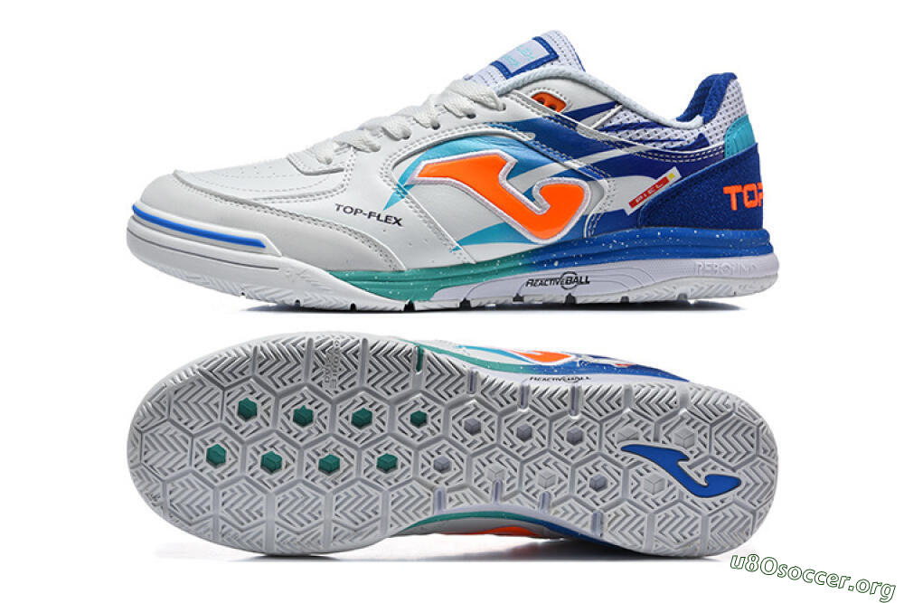 Joma Top Flex IC Football Shoes - White/Electric Blue/Orange Blaze 1