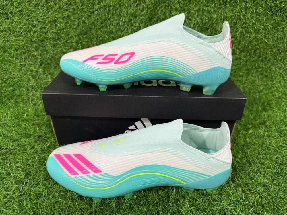 Messi x Adidas F50 Elite Laceless FG Football Boots - Teal/Electric Green/Fuchsia Pink