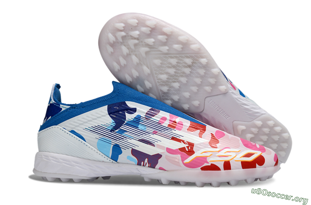 Adidas F50 Elite Laceless TF Football Shoes - Pink/Coral Blue/Soft White 2