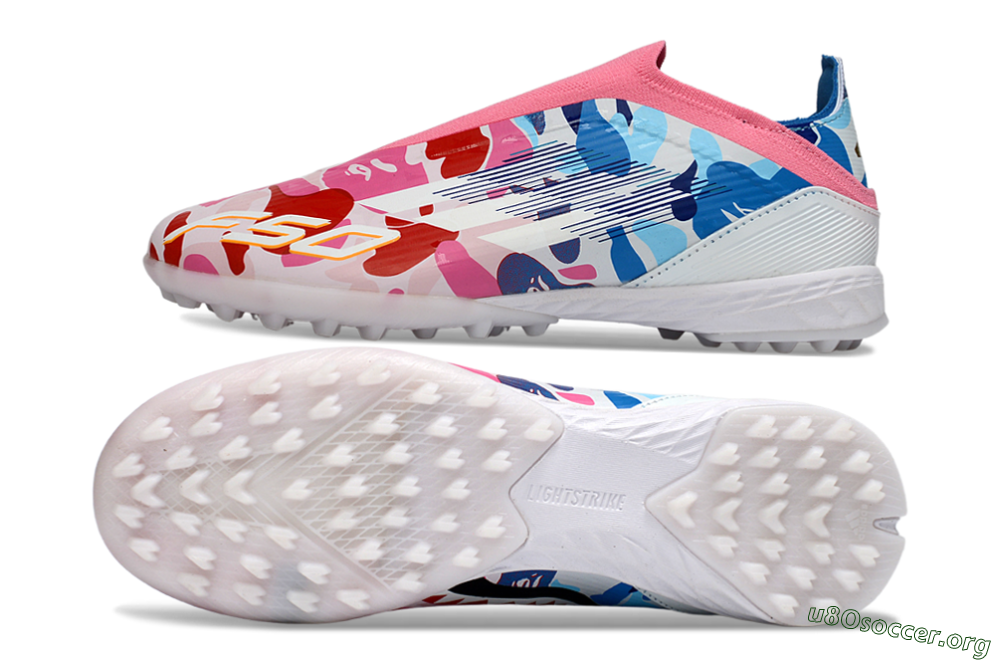 Adidas F50 Elite Laceless TF Football Shoes - Pink/Coral Blue/Soft White 1