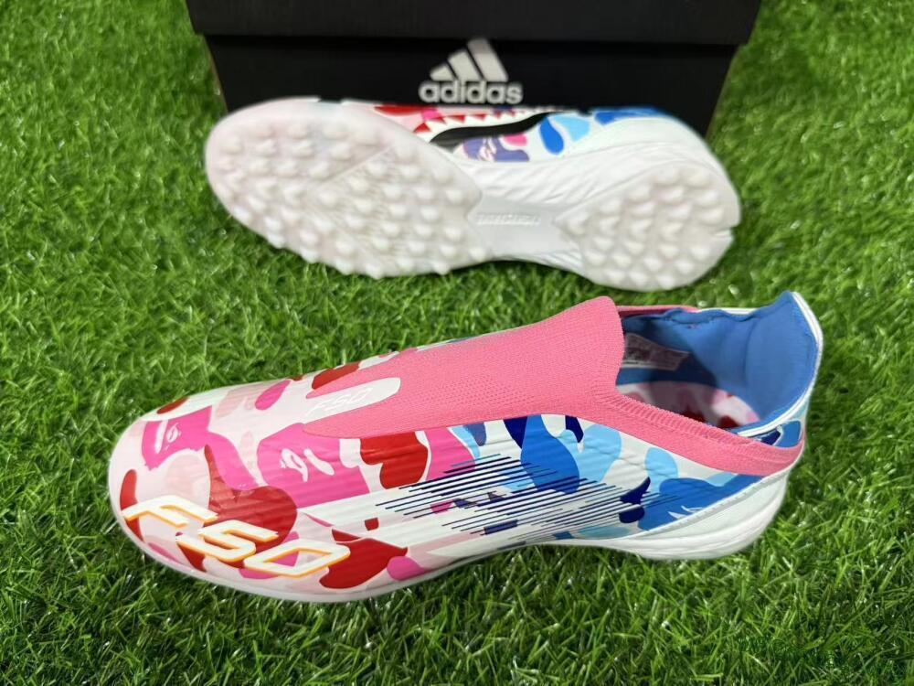 Adidas F50 Elite Laceless TF Football Shoes - Pink/Coral Blue/Soft White