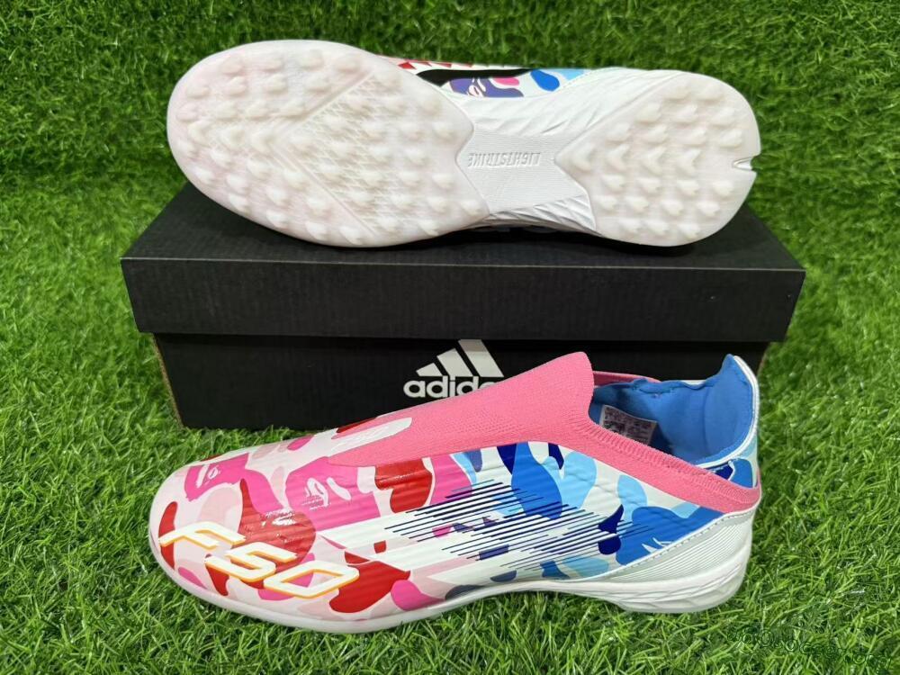 Adidas F50 Elite Laceless TF Football Shoes - Pink/Coral Blue/Soft White