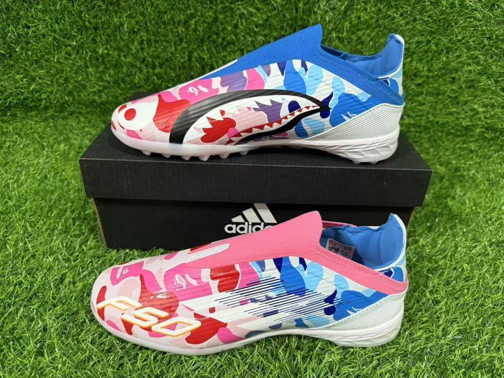 Adidas F50 Elite Laceless TF Football Shoes - Pink/Coral Blue/Soft White