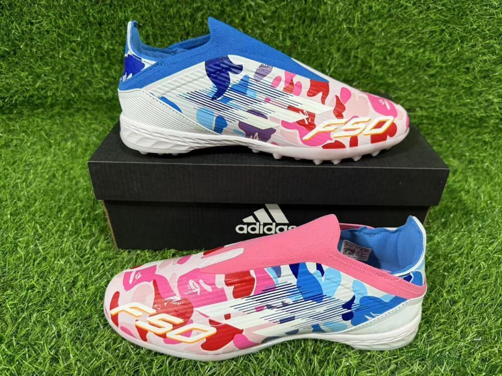 Adidas F50 Elite Laceless TF Football Shoes - Pink/Coral Blue/Soft White