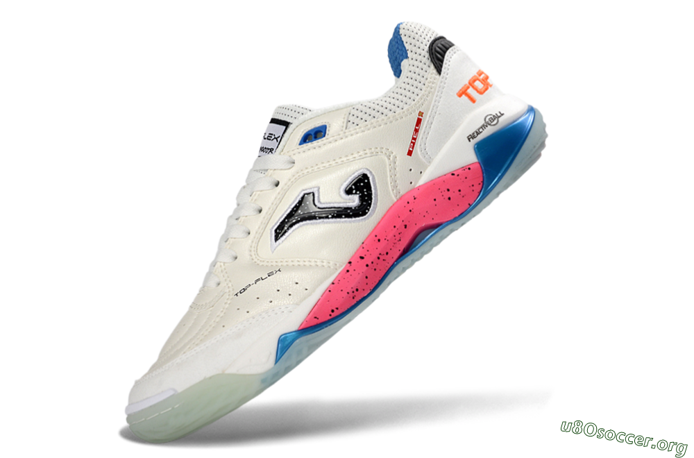 Joma Top Flex IC Football Shoes - White/Coral Pink/Ocean Blue 5
