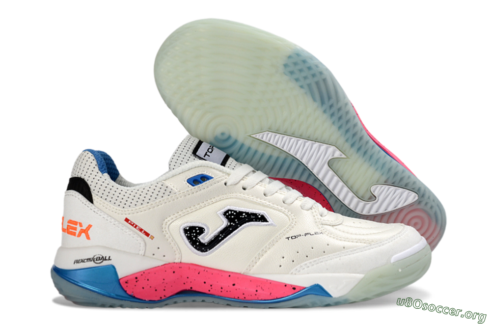 Joma Top Flex IC Football Shoes - White/Coral Pink/Ocean Blue 2