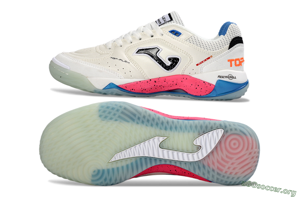 Joma Top Flex IC Football Shoes - White/Coral Pink/Ocean Blue 1
