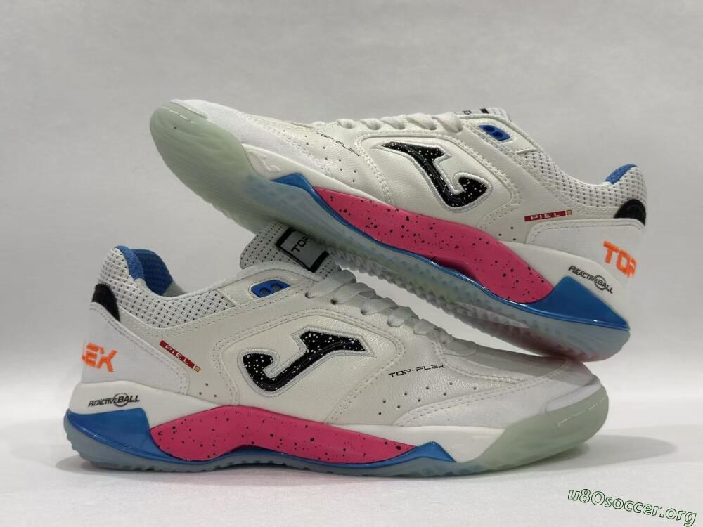 Joma Top Flex IC Football Shoes - White/Coral Pink/Ocean Blue
