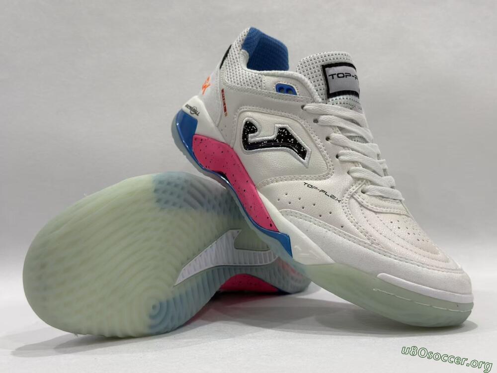 Joma Top Flex IC Football Shoes - White/Coral Pink/Ocean Blue