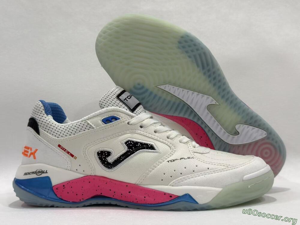 Joma Top Flex IC Football Shoes - White/Coral Pink/Ocean Blue