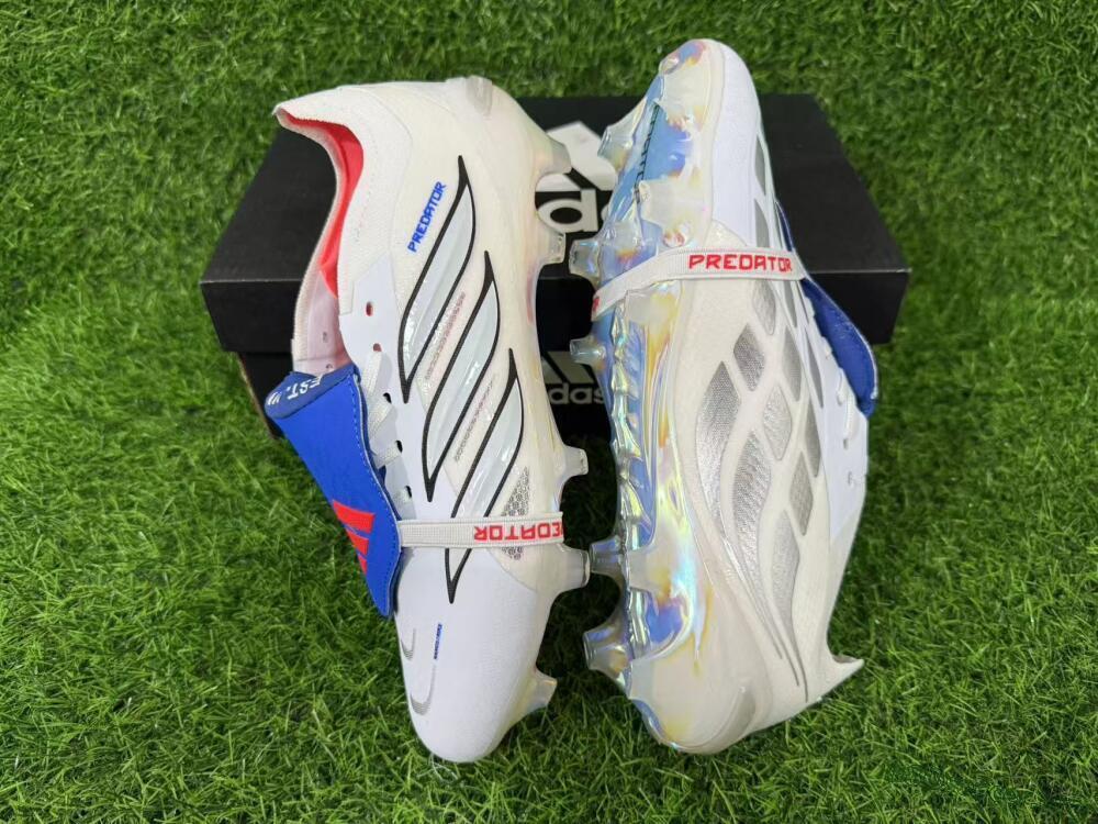 Adidas Predator 26 Elite Fold-Over Tongue FG Football Boots - White/Electric Blue/Silver Gray
