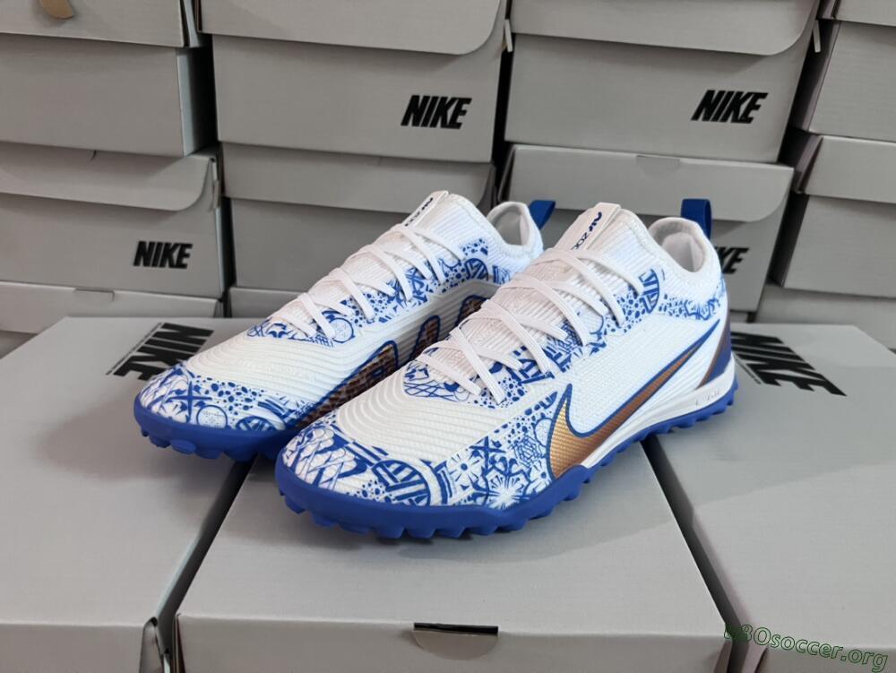 Nike Air Zoom Mercurial Vapor 15 Pro TF Football Shoes - White/Blue/Gold