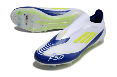 Messi x Adidas F50 Elite Laceless FG Football Boots - White/Blue/Yellow