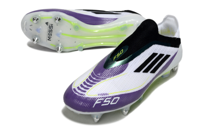 Messi x Adidas F50 Elite Laceless SG Football Boots - White/Purple/Black