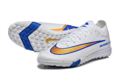 Nike Air Zoom Mercurial Vapor 16 Elite TF Football Shoes - White/Electric Blue/Metallic Gold