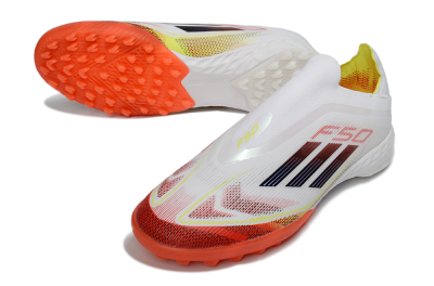 Adidas F50 Pro Laceless TF Football Shoes - White/Vibrant Orange/Sunny Yellow